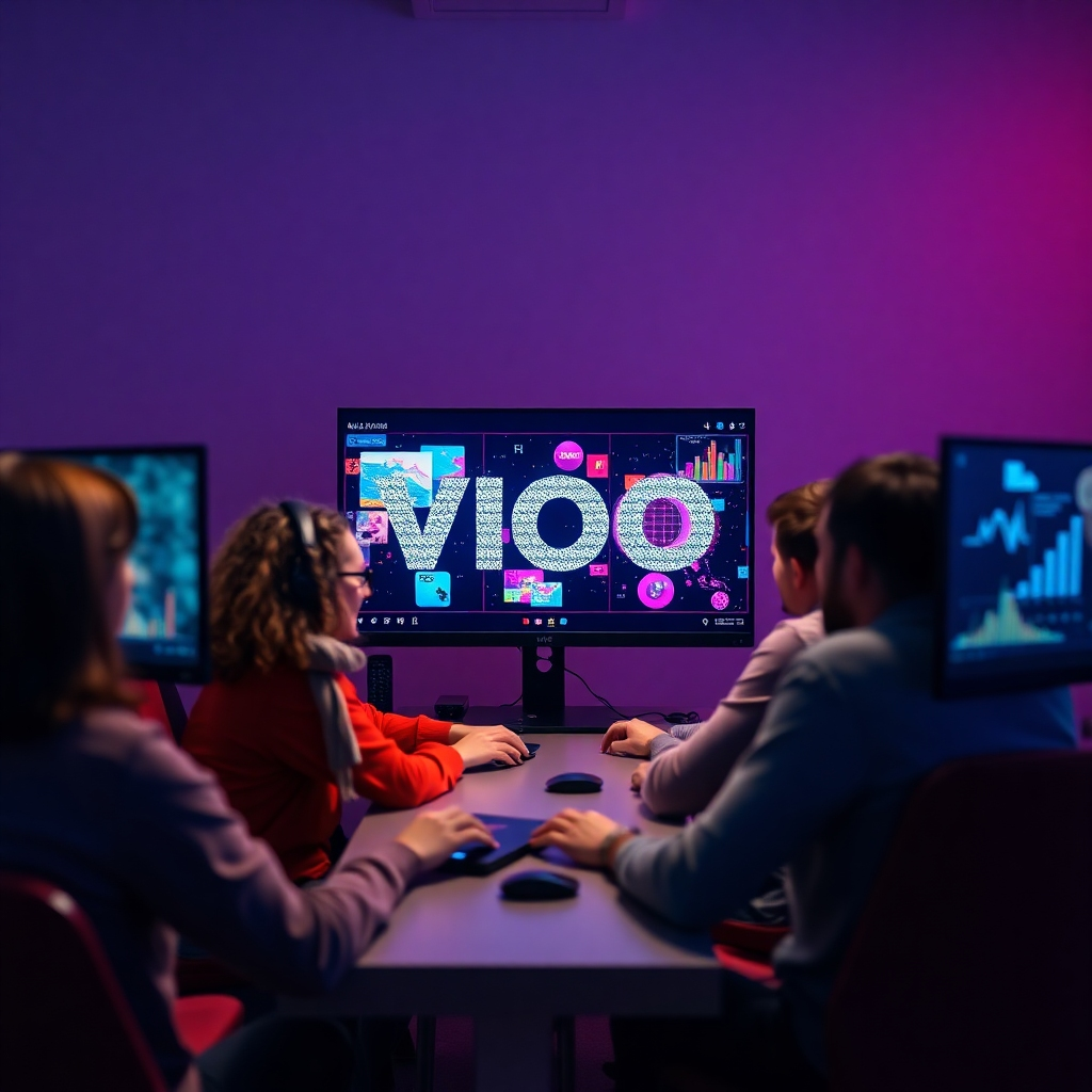 A photorealistic scene of a diverse group of people sitting at computers, creating videos effortlessly. The screen displays an AI interface, with text being transformed into vibrant video elements, surrounded by colorful graphics and animations, showcasing creativity.