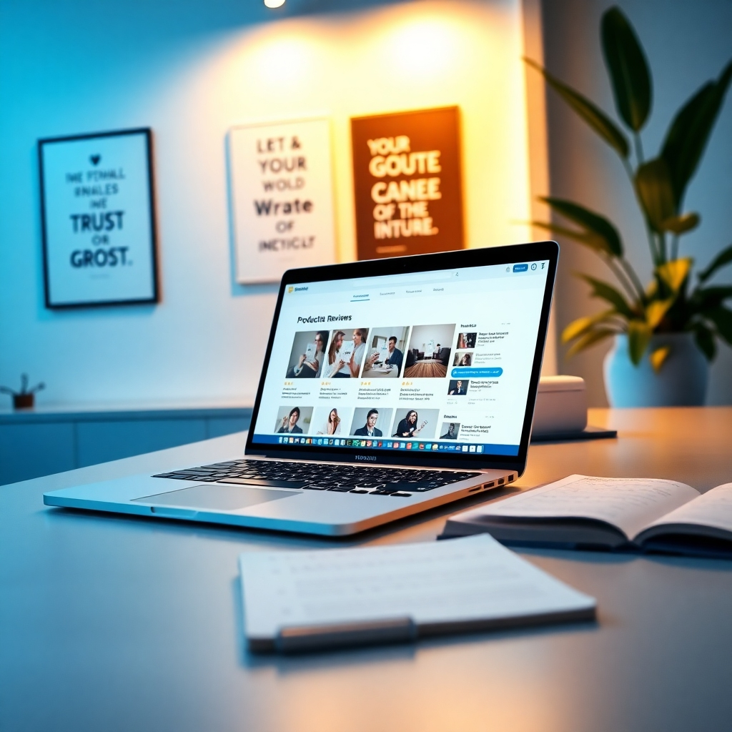 A sleek, modern digital workspace showcasing a laptop with detailed product reviews on the screen. The scene is illuminated by soft diffused lighting, creating a warm and inviting ambiance. The color palette features soft blues and warm whites, invoking a sense of professionalism and trust. The camera is positioned at a 45-degree angle, capturing the laptop and an open notepad with handwritten notes beside it. Textures include the smooth surface of the desk and the sleek design of the laptop, while the background features motivational quotes on posters and plants that add a touch of greenery. The overall style is inspired by modern minimalism, focusing on clarity and professionalism. Image in 8K resolution, hyperrealistic, ultra-detailed.
