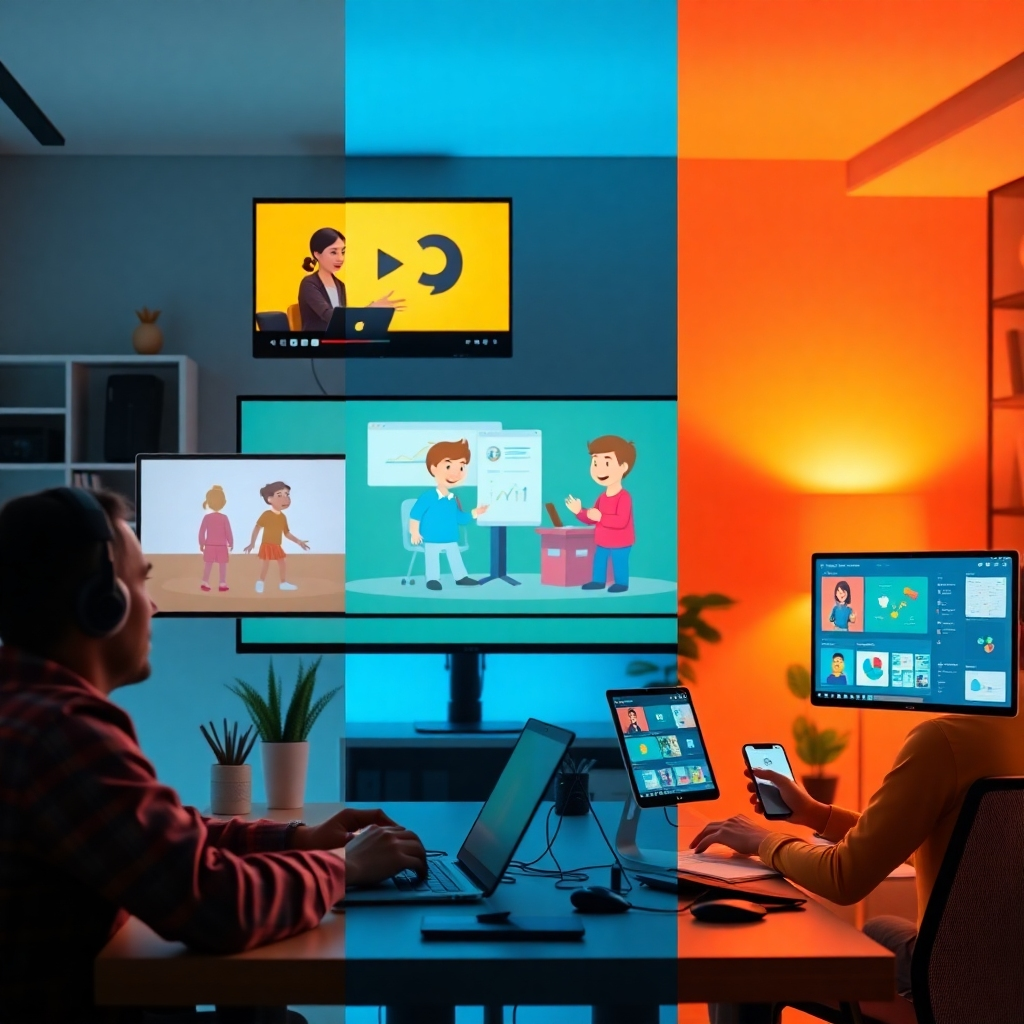 A split-screen image showing a marketer creating a promotional video, an educator presenting an animated lesson, and a content creator designing social media posts. Use bright colors and a modern workspace aesthetic to depict creativity and inspiration.