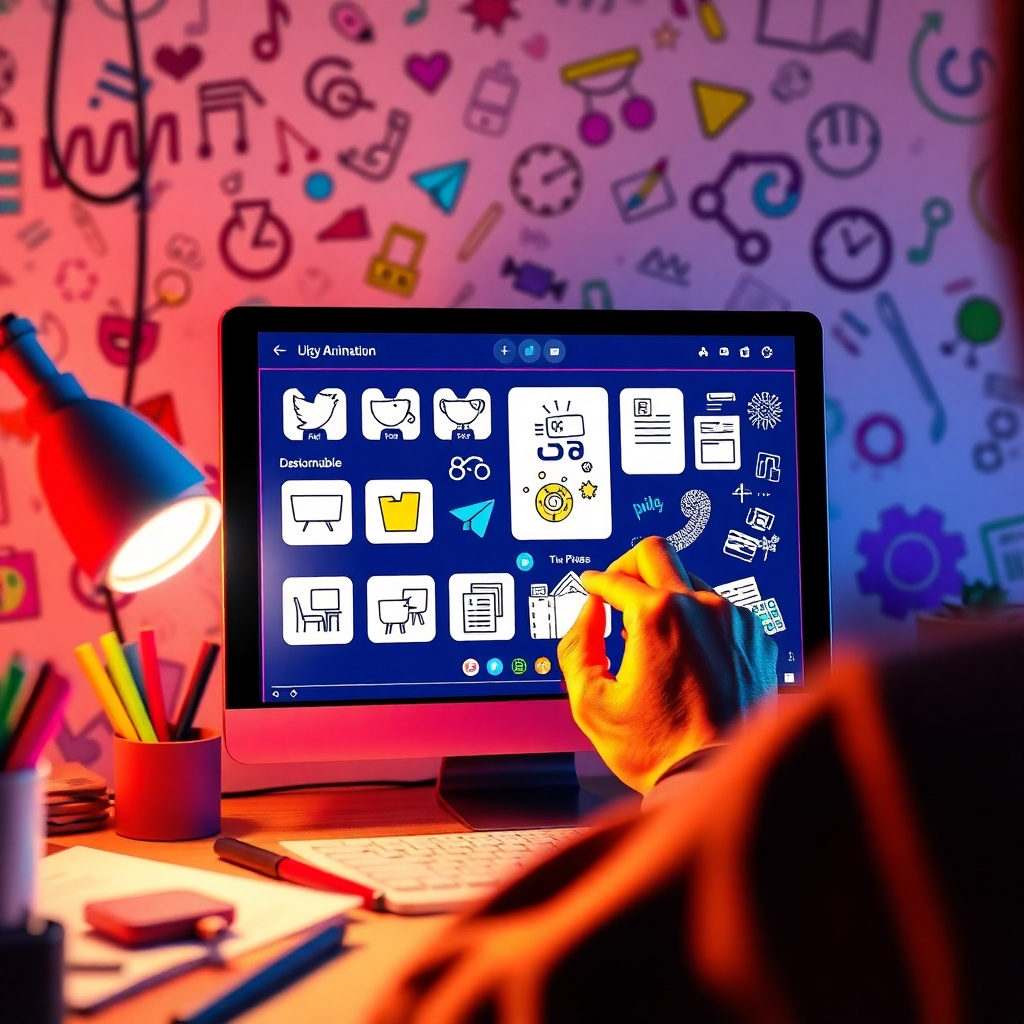 A user interface of a doodle animation software showing vibrant colors, various customizable templates, and an animated hand drawing on a digital screen. The scene should depict a creator at work, surrounded by colorful doodles and sketches, conveying creativity and animation.