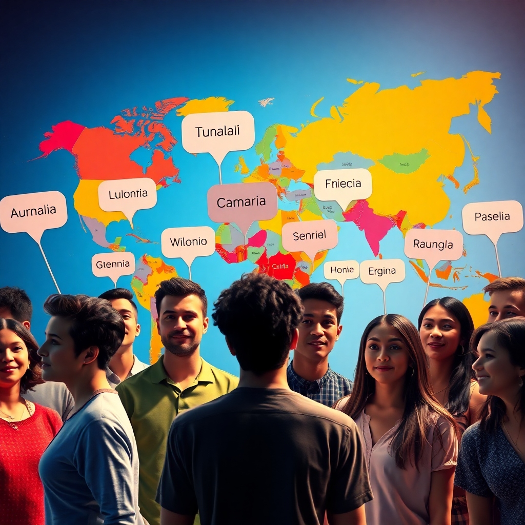 A vibrant, visually appealing world map with various countries highlighted. In the foreground, include a diverse group of people of different ethnicities communicating through speech bubbles in various languages, symbolizing the multilingual capabilities of ChatterPal.