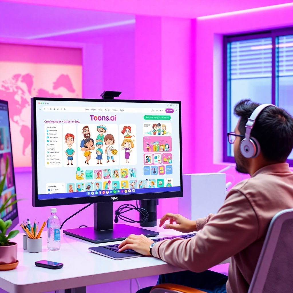 A vibrant and modern workspace featuring a computer screen displaying the Toons.ai interface. Include cartoon characters being animated on the screen, colorful graphics, and a creative individual interacting with the software. The setting should be bright and inspiring, reflecting creativity and innovation.