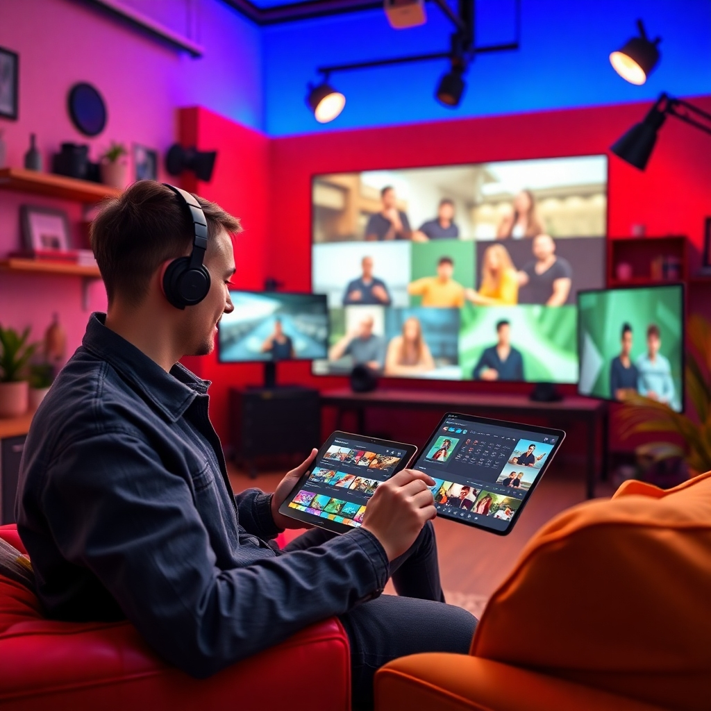 A vibrant scene depicting a content creator in a cozy studio, using the AI Video Builder on a tablet. Include colorful templates on the screen, with customization tools visible. Show snippets of engaging video content projected in the background, capturing the audience's attention.