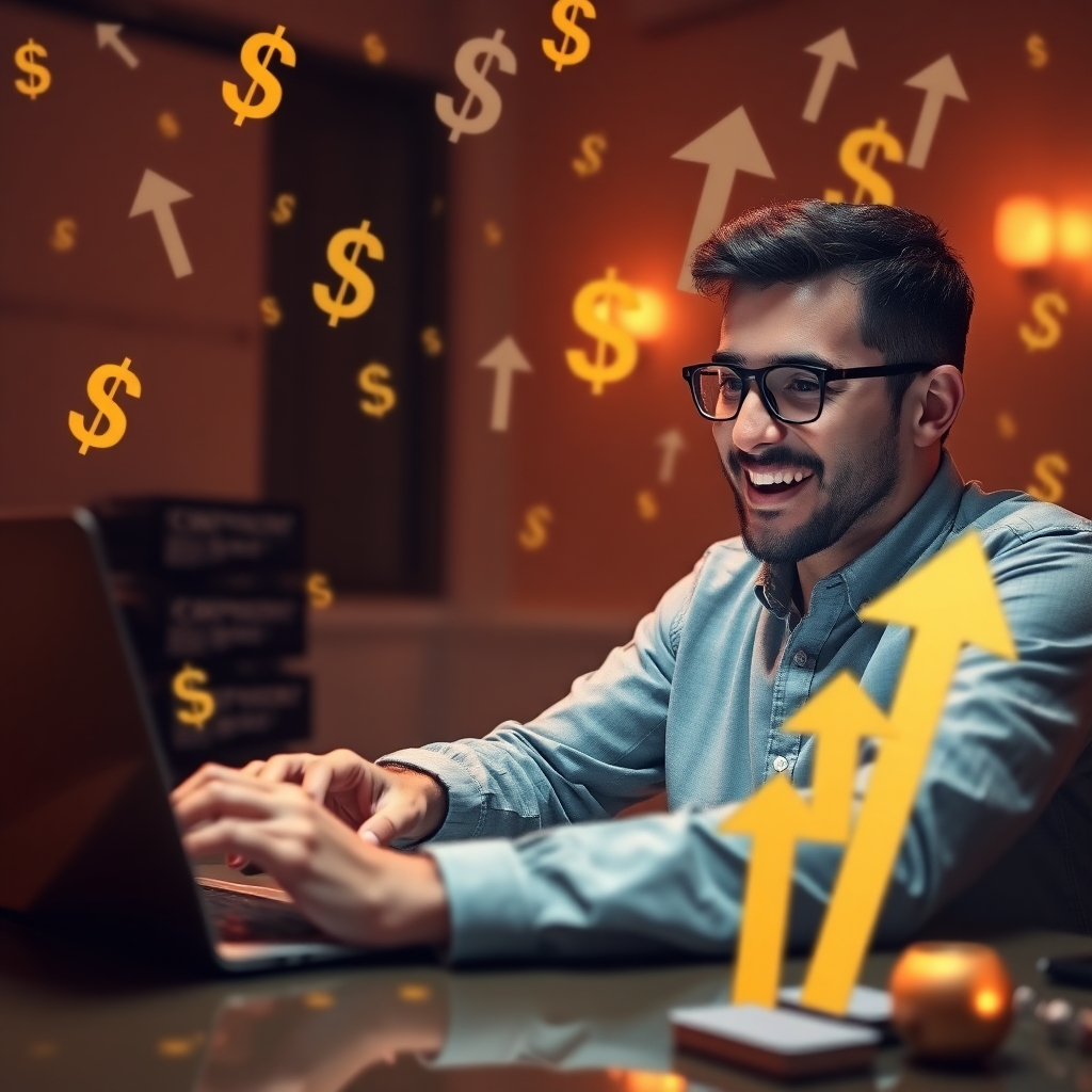 A visually engaging image of a website with highlighted affiliate links in action, showing a person happily interacting with the site. Surround the scene with various symbols of money and profit, like dollar signs and upward arrows to signify growth.