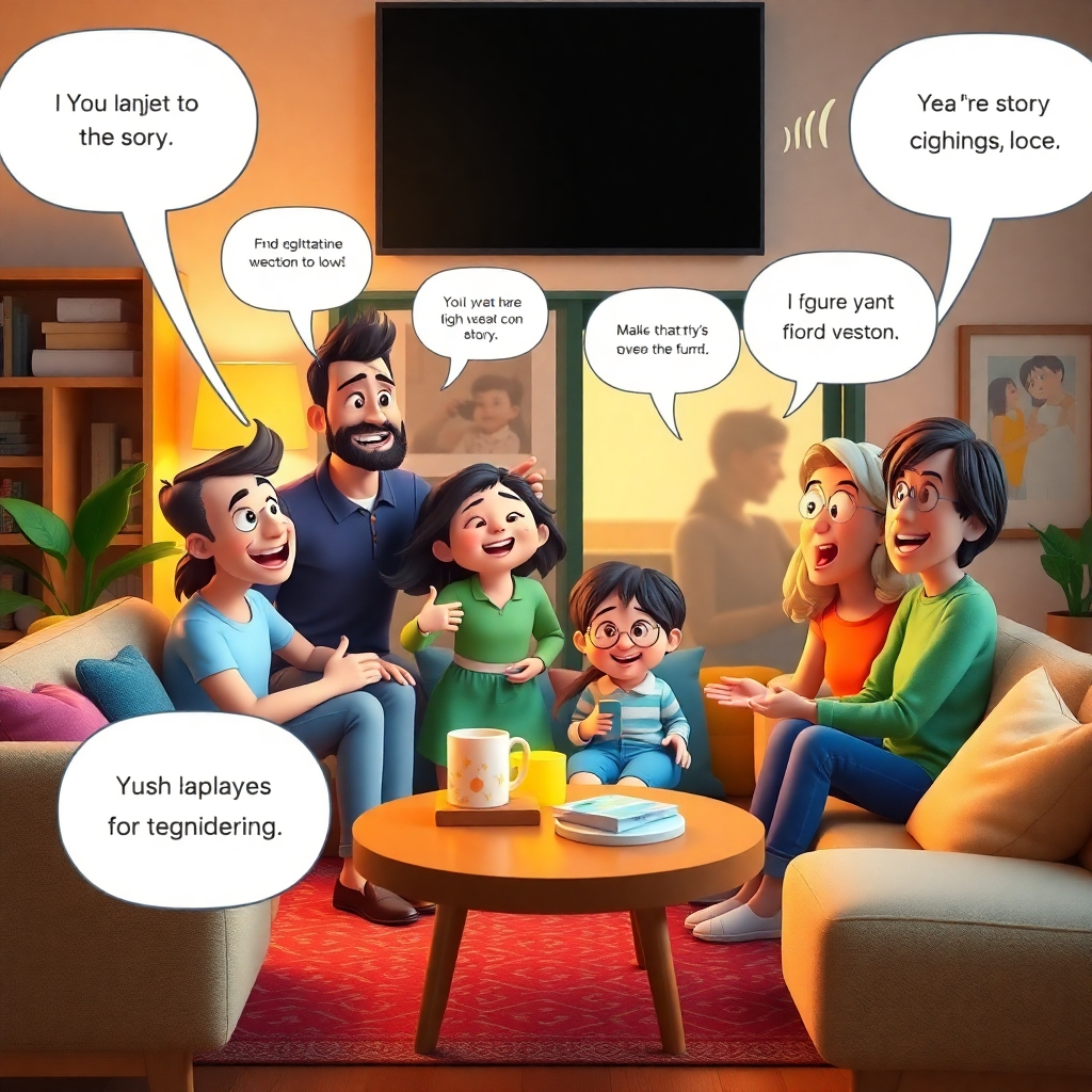 A visually engaging scene showing a family photo coming to life, with animated speech bubbles and sound waves. Illustrate this in a vibrant living room setting, where characters in the photo are animated, expressing different emotions and narrating their story.