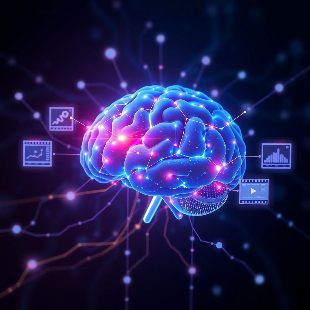 An AI brain graphic interconnected with various applications like video editing, content generation, and storyboard layouts. Showcase flowing connections symbolizing seamless integration, with digital graphics and animations representing innovation and efficiency in video production.