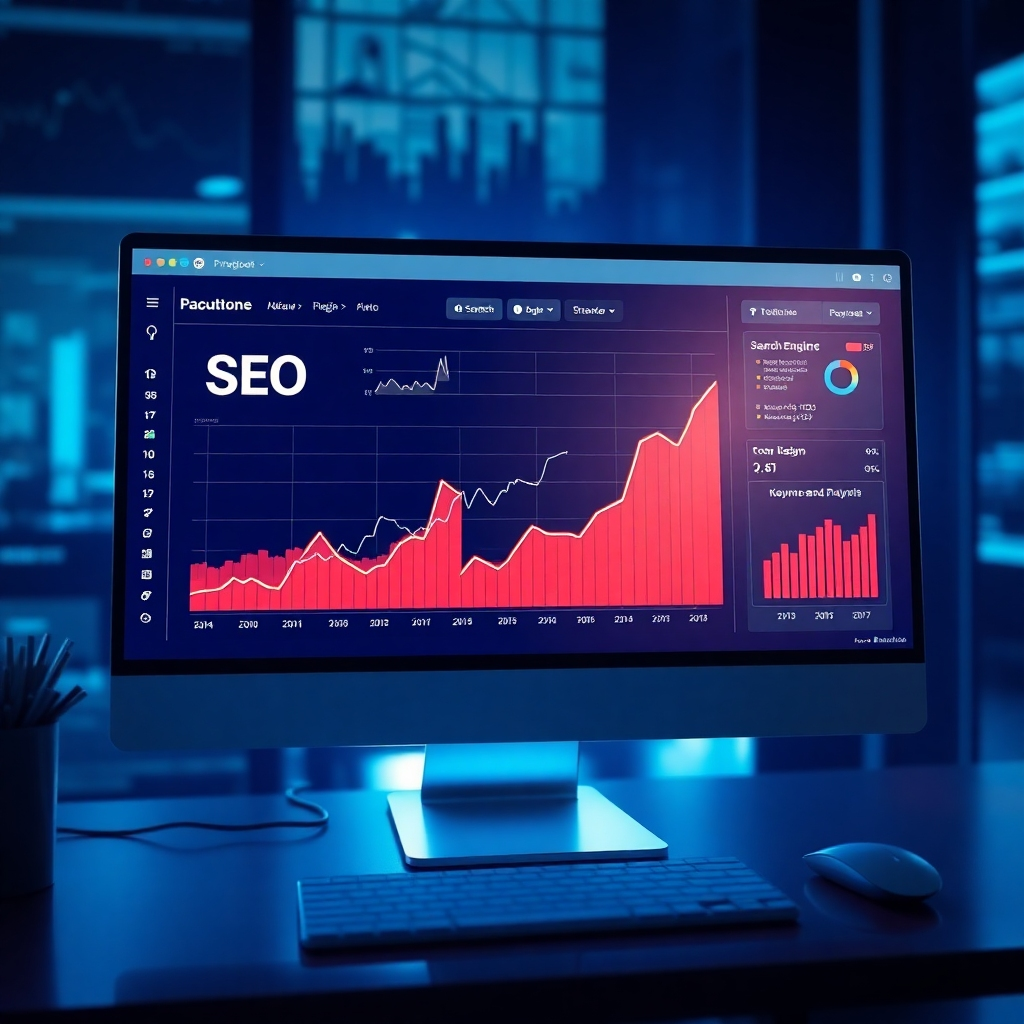 An artistic representation of a digital dashboard displaying SEO analytics on a computer monitor. Visualize search engine results with upward trending graphs, keyword analysis charts, and a bright, intelligent looking interface.