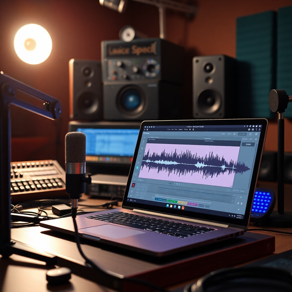 An audio studio environment filled with sound equipment and a microphone setup. Show a laptop screen with the Voice Speechelo interface active, with audio waveforms and generated voice signals visible, conveying a professional audio editing vibe.
