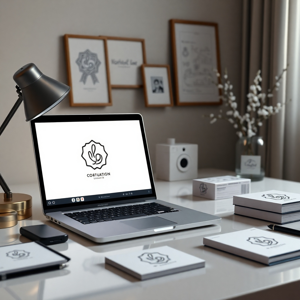 An elegant branding workspace featuring a laptop showing a customized doodle animation with a personalized logo. Include branding materials, such as business cards and stationery with doodle graphics. The environment should feel professional and artistic, emphasizing creativity and branding.