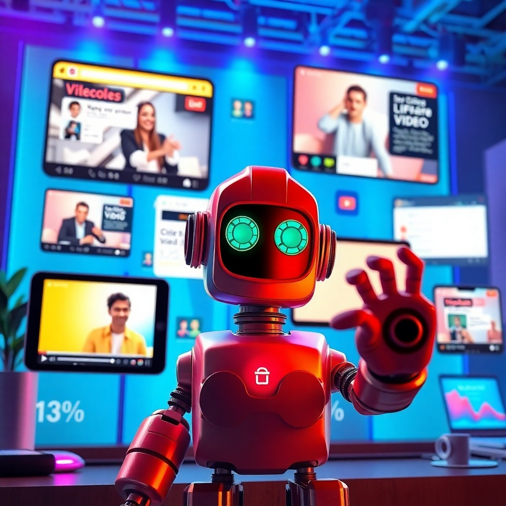 An eye-catching marketing campaign scene featuring diverse social media platforms displaying videos created with VideoRobot Live, alongside metrics showing improved engagement and conversion rates, depicted in a colorful and energetic layout.