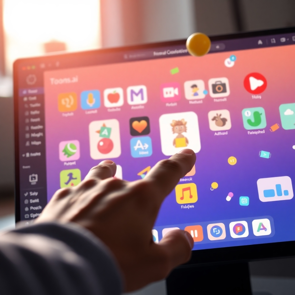 An image showing a close-up view of the Toons.ai user interface with colorful icons, drag-and-drop functionality in action. Include a beginner user's hand interacting with the software while cartoon elements float around the screen, illustrating ease of use and approachability.