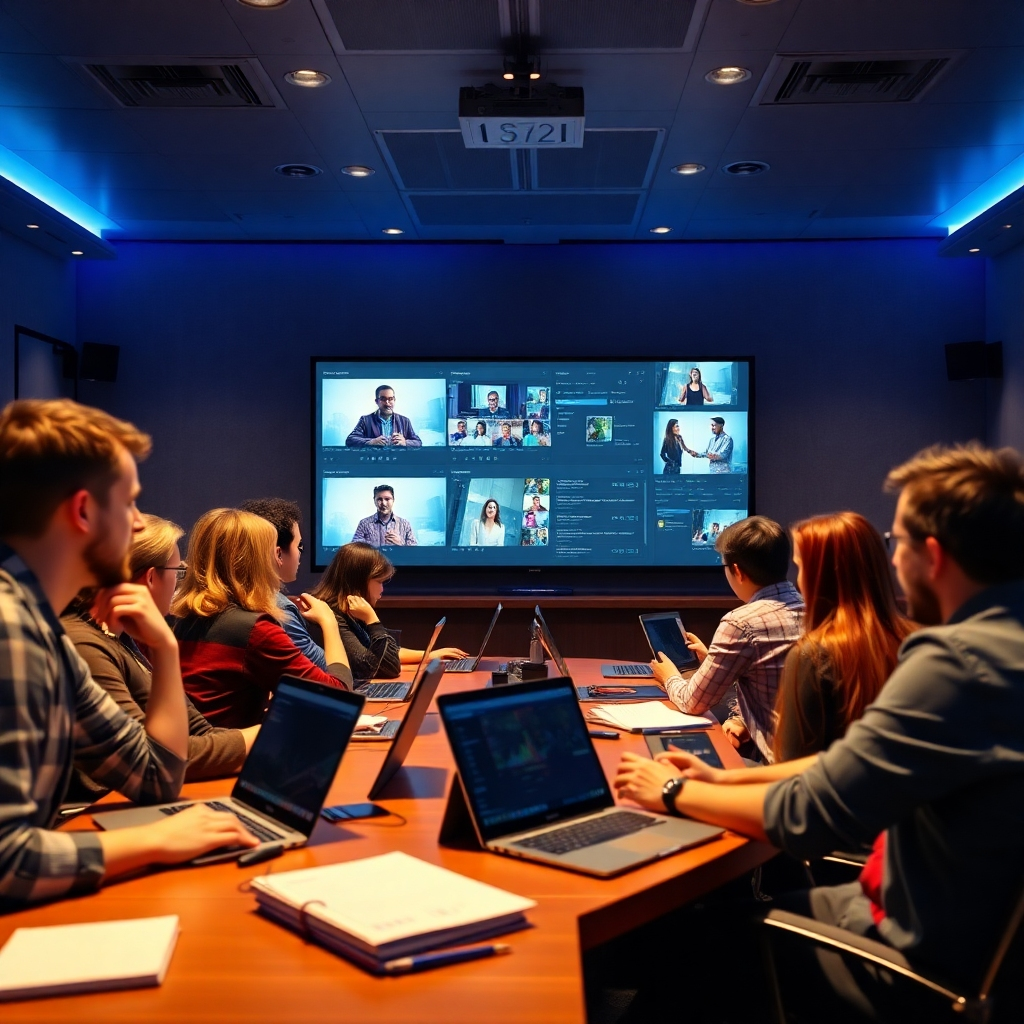 An immersive scene of a virtual classroom with a large screen showing video tutorials and a diverse group of people learning together. The setup should include laptops and notebooks, emphasizing collaboration and education in video production mastery.