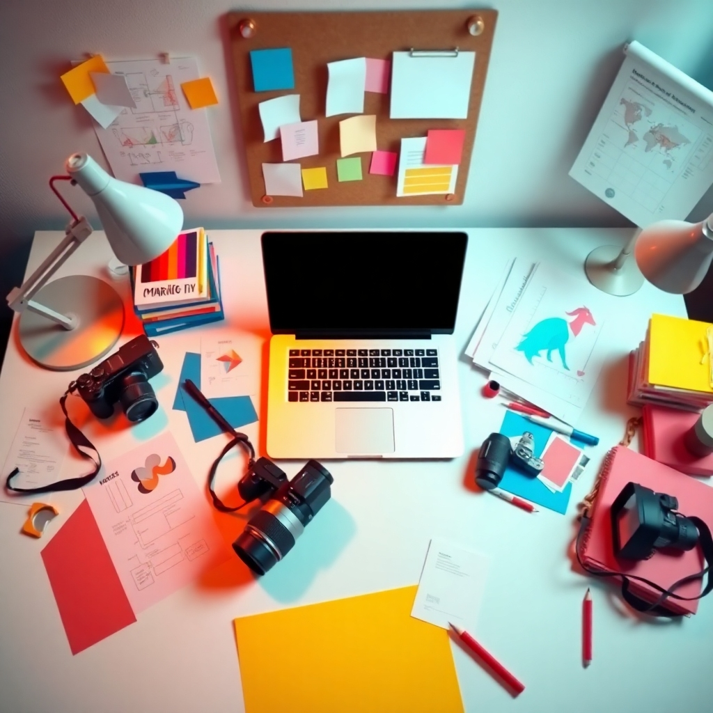 An inviting content creation desk set up for marketing tasks, featuring a laptop, camera, and colorful marketing materials scattered around. Soft diffused lighting bathes the scene, creating an inspiring atmosphere. The color palette includes vibrant reds, blues, and yellows, symbolizing creativity and enthusiasm. Captured from a top-down perspective, the arrangement showcases diverse printouts, sketches, and camera equipment. Textures include the tactile feel of paper and the sleek, modern design of the laptop. The background holds a bulletin board with pinned ideas and a calendar, creating an organized yet dynamic workspace vibe. The style is inspired by editorial design, with an emphasis on creativity and modernity. Image in 8K resolution, hyperrealistic, ultra-detailed.
