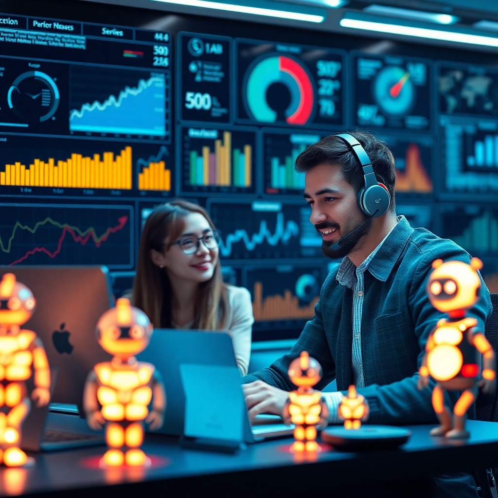 An inviting tech support scene where a friendly customer service representative assists a user online. The background features an array of digital performance metrics and glowing bot icons, symbolizing robust functionality and customer satisfaction.