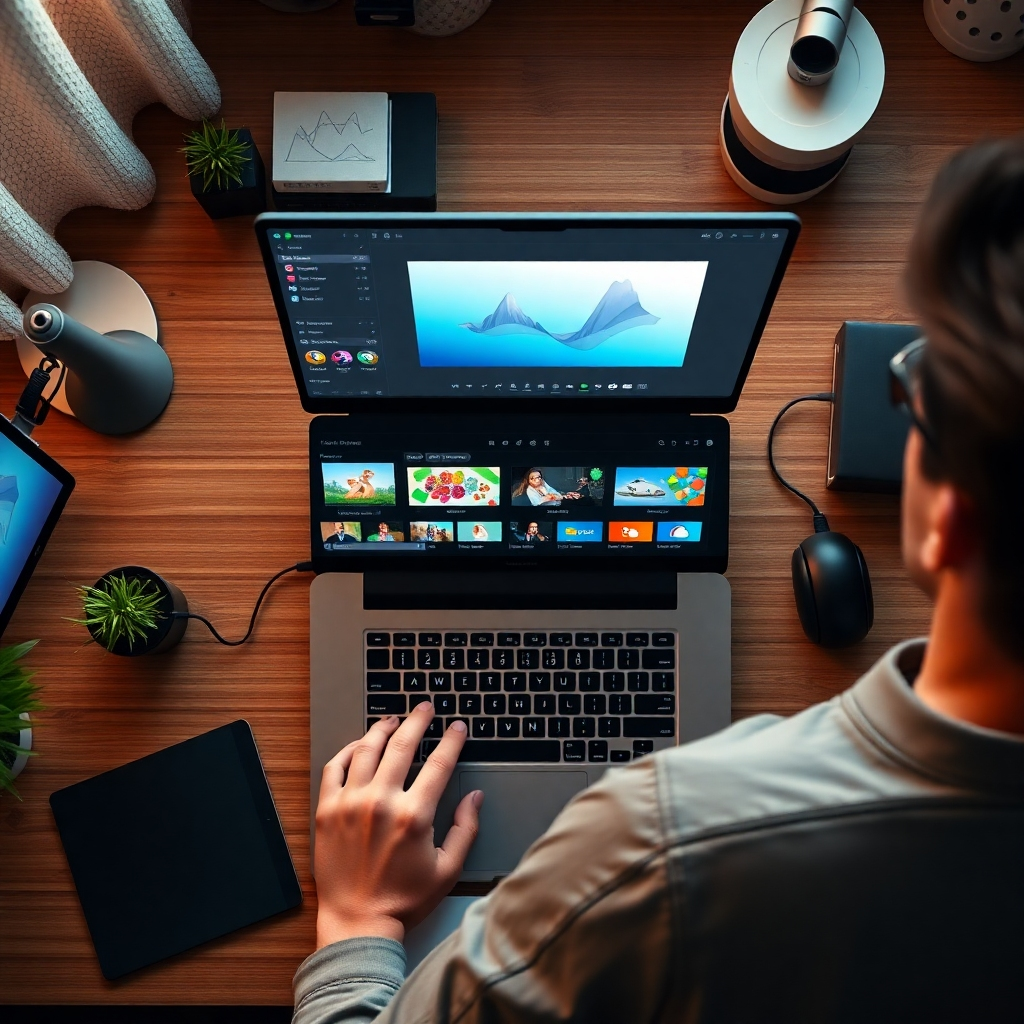 An overhead view of a computer desk featuring a user-friendly interface on a laptop, showcasing simple drag-and-drop actions. Include icons for audio, photos, and animation tools, with a relaxed user enjoying the creative process.