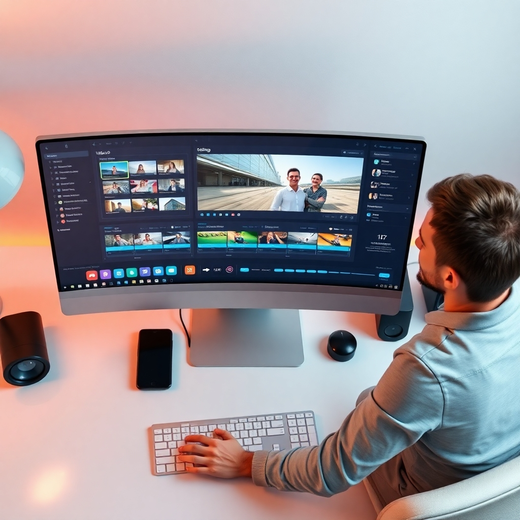 An overhead view of a sleek computer desk with a user-friendly software interface on the screen. Include visual elements like drag-and-drop functionality showcased, colorful icons representing various video features, and a person engaged in editing with a satisfied expression.