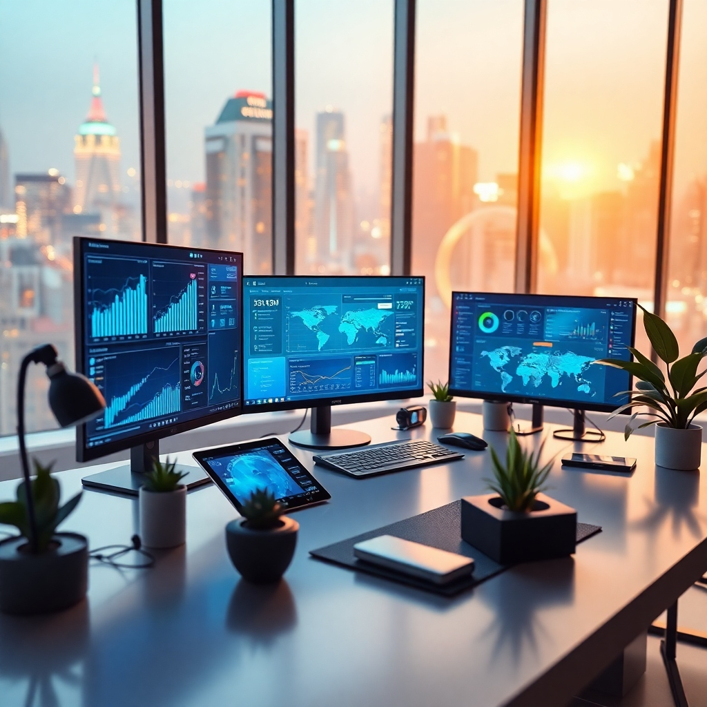 Create a photorealistic, ultra-high quality header image showcasing a futuristic, high-tech workspace that embodies the spirit of innovation and digital entrepreneurship. The composition should feature a sleek, modern desk with multiple screens displaying vibrant analytics, product interfaces, and digital marketing strategies. Illuminated by soft, ambient lighting that casts a warm glow over the scene, the color palette should incorporate blues and greens to evoke a sense of technology and growth, while hints of gold can add a feeling of luxury. The camera angle should be slightly elevated, providing a wide view of the workspace, with a focus on the intricate details of the tech devices and the smooth textures of the desk. Include environmental elements like a digital tablet, smart gadgets, and plants to create a harmonious blend of nature and technology. The background should suggest a bustling digital cityscape through a large window, symbolizing endless opportunities. Style references include hyperrealistic visualization with 8K resolution, ensuring every detail resonates with high clarity and impact., ultra high resolution, photorealistic, 8K, hyperdetailed, cinematic lighting