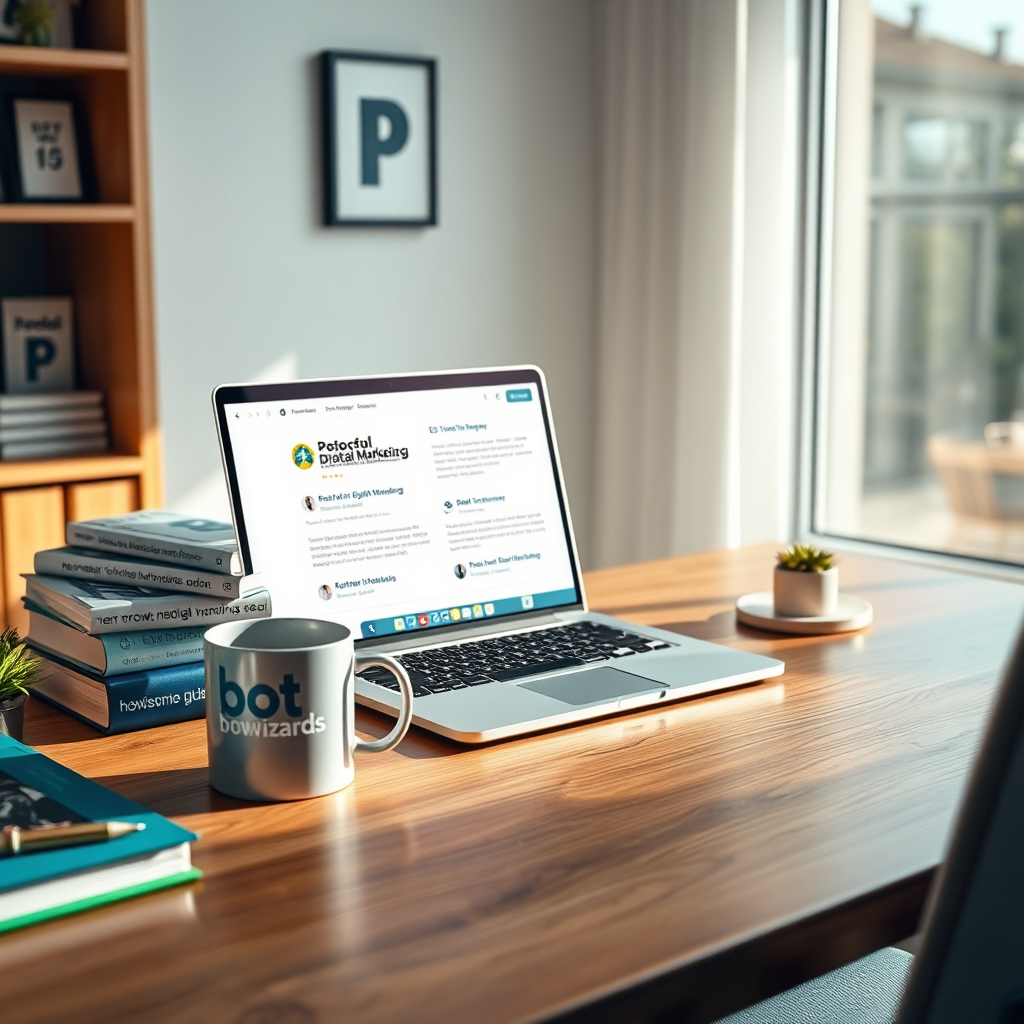 Create a photorealistic, ultra-high quality header image representing 'BotWizards'. The scene should feature a modern desk with a laptop open, displaying product reviews. Soft, natural lighting illuminates the workspace, creating a warm and inviting atmosphere. The color palette should consist of blues and greens, conveying trust and freshness. Include a neat stack of books on digital marketing and a coffee mug with the BotWizards logo. Camera angle should be slightly elevated to capture the desk in clear detail. Texture details on the wood desk and the laptop screen should be hyperrealistic. Style references include corporate professionalism combined with a cozy home office vibe. Technical specs: 8K resolution, hyperrealistic.