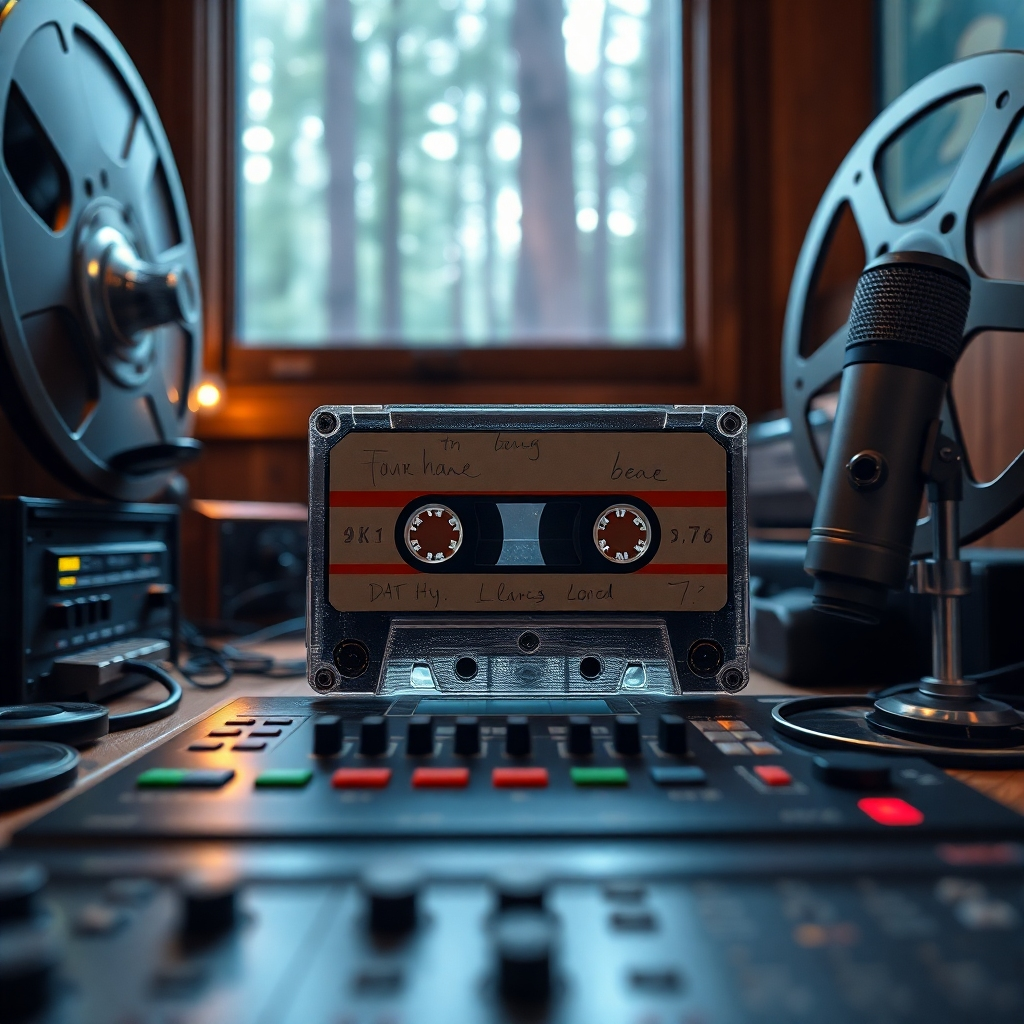 A close-up shot of a cassette tape with handwritten labels and artwork. The tape is surrounded by vintage recording equipment, such as a reel-to-reel tape recorder, a microphone, and a mixing board. The background shows a rustic, wood-paneled room with a window looking out onto a redwood forest.