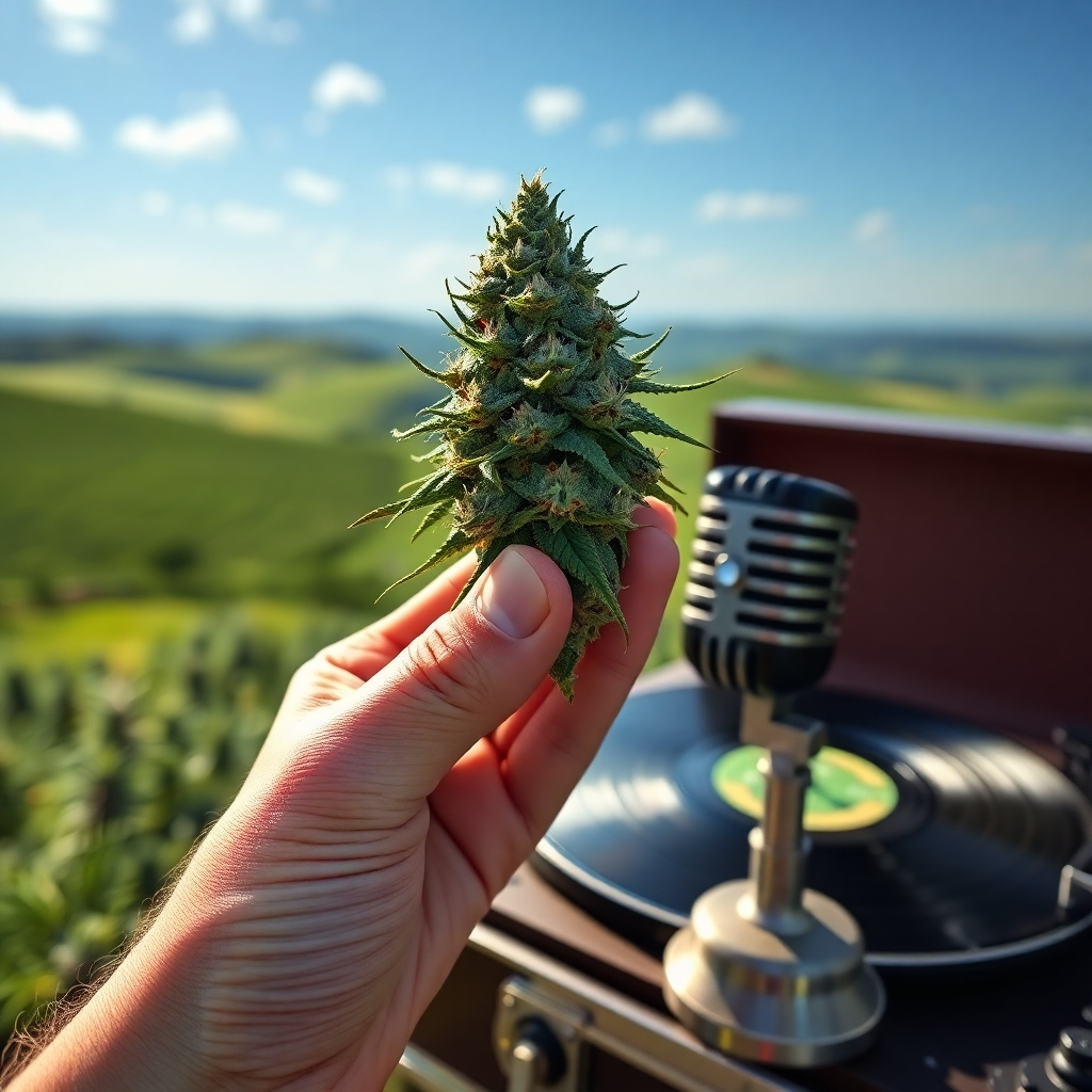 A close-up shot of a hand holding a marijuana bud, with a backdrop of lush green fields and rolling hills, a vintage microphone and a record player in the foreground, symbolizing the connection between horticulture and music in Humboldt County.