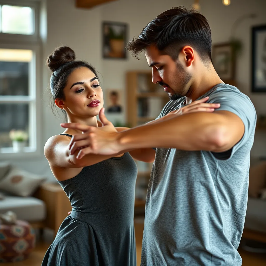 A close-up shot of a student learning a complex dance move from their instructor, with both of them focused and engaged. The scene should be set in a cozy and comfortable home studio, highlighting the personalized nature of private sessions.