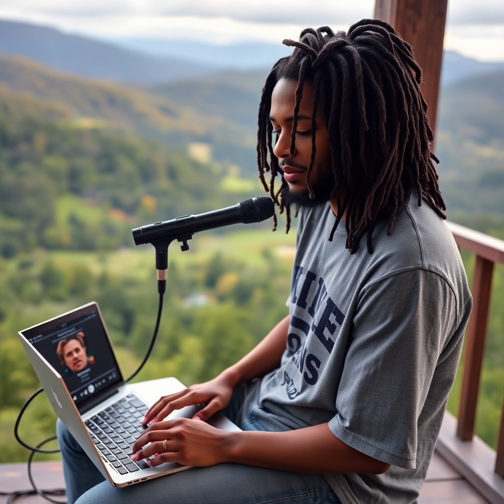 A contemporary musician with dreadlocks, wearing a T-shirt with the name of their band, is sitting on a porch overlooking a verdant valley. They are holding a laptop, and a microphone is plugged into the device. In the background, a digital music player is playing a song from their latest album.