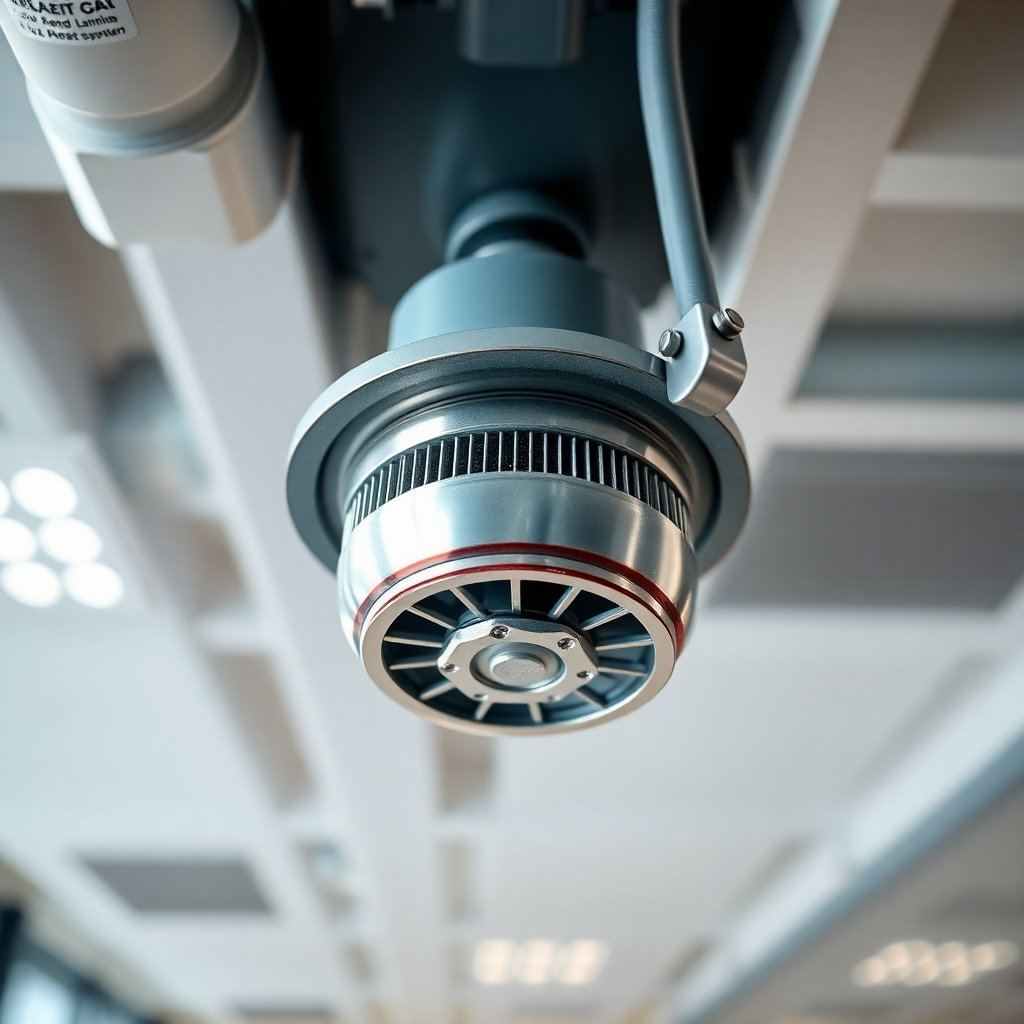 A detailed close-up shot of a modern commercial fire sprinkler head, with a background showing a clean, well-maintained ceiling of an office space. The image should be sharp, clean, and emphasize the functionality and reliability of the fire protection system.  The lighting should be bright and even.