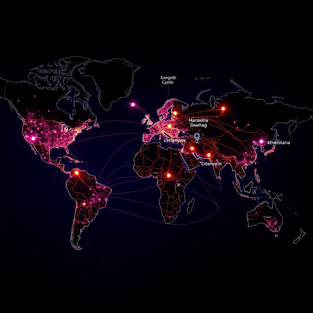 A digital artwork depicting a world map with pinpoints highlighting different locations where Humboldt County music is being streamed online. Each pinpoint is connected by a vibrant network of lines representing the flow of music and cultural exchange.