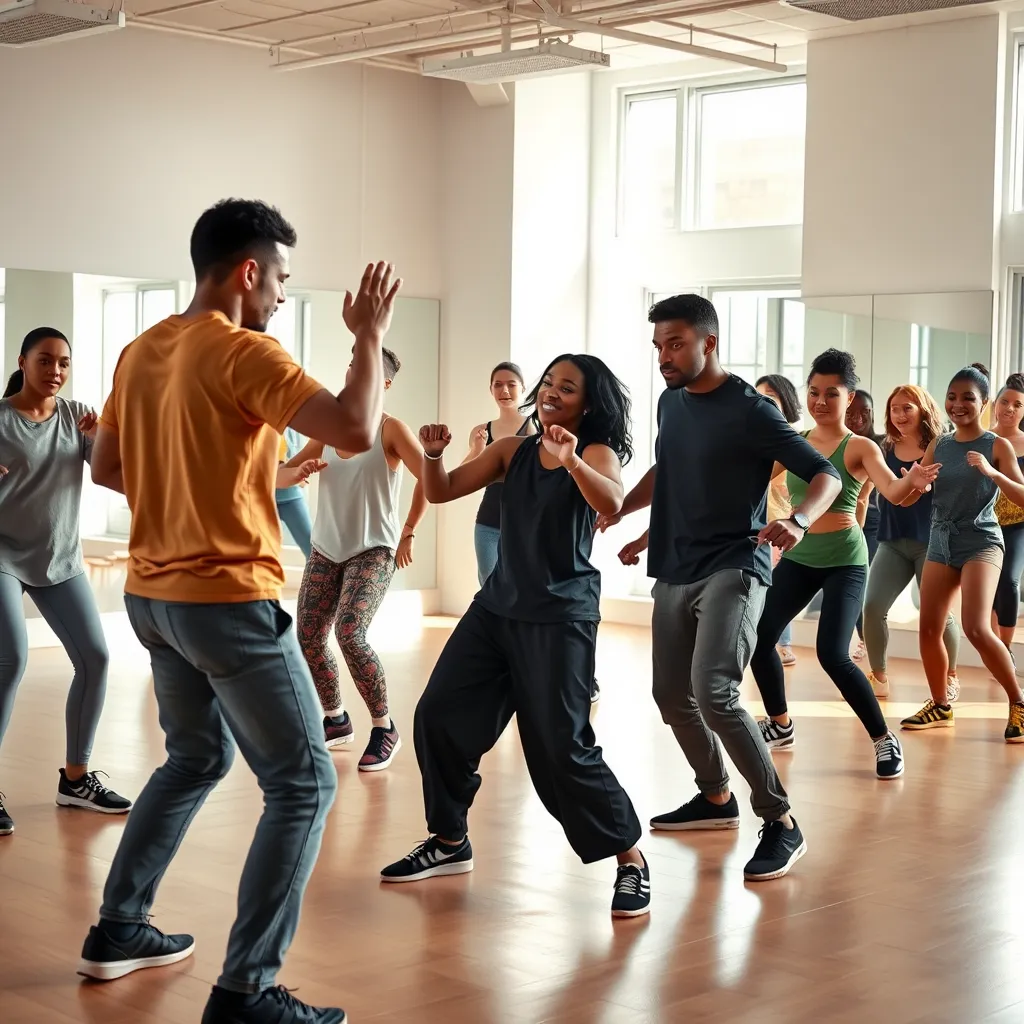 A diverse group of people of different ages and ethnicities are learning urban street dance moves from a skilled instructor in a bright, spacious studio. The instructor is demonstrating a move, and the students are imitating the movements with focused expressions. The studio is filled with natural light and has mirrors on the walls, giving a sense of openness and energy.