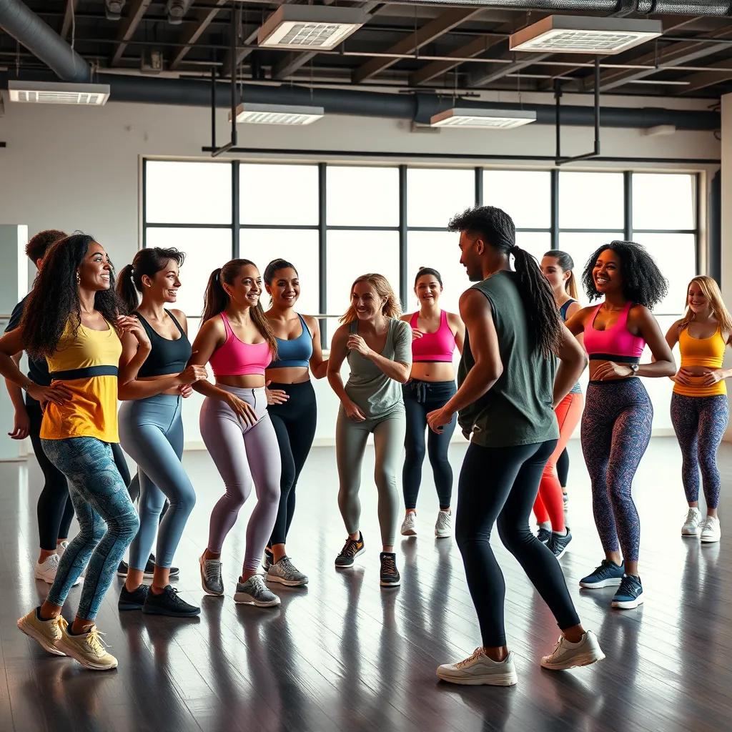  A diverse group of people of different ages and backgrounds are dressed in vibrant, stylish activewear, laughing and interacting with each other in a spacious, modern dance studio. They are wearing stylish activewear and are focused on the instructor leading a dynamic street dance class.