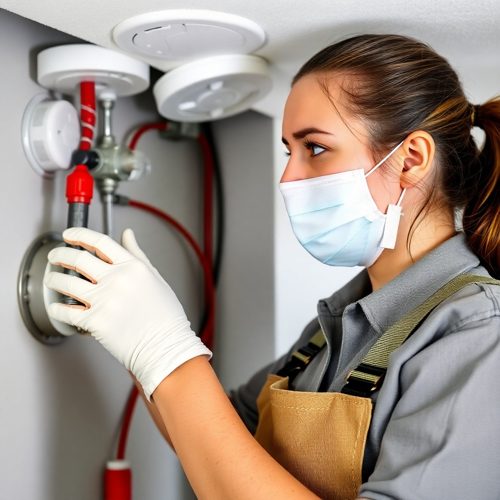 A photorealistic image depicting a technician meticulously inspecting a smoke alarm in a home, with another technician testing a sprinkler system in a commercial building in the background.  Both technicians should wear safety gear and the image should be bright and clear, emphasizing attention to detail and professional maintenance.