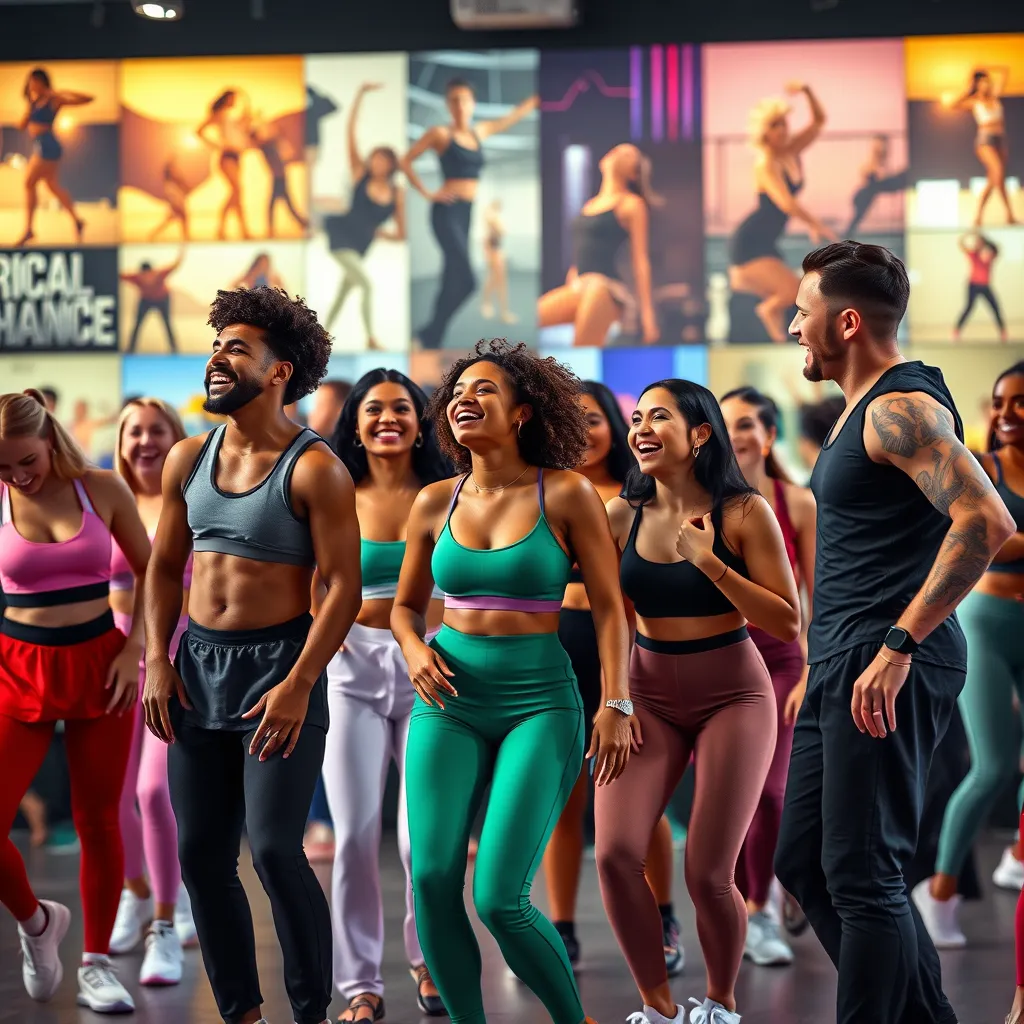  A group of diverse dancers, wearing stylish activewear and comfortable clothing, are laughing and interacting with each other in a vibrant online community forum. The background features images of various dance styles, highlighting the inclusivity and diversity of the community.