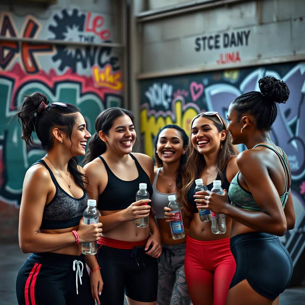 A group of friends are laughing and chatting together in a relaxed setting. They are wearing stylish activewear and are holding water bottles. The background features a modern, urban setting with graffiti art and colorful murals, reflecting the creative and energetic spirit of the dance community.