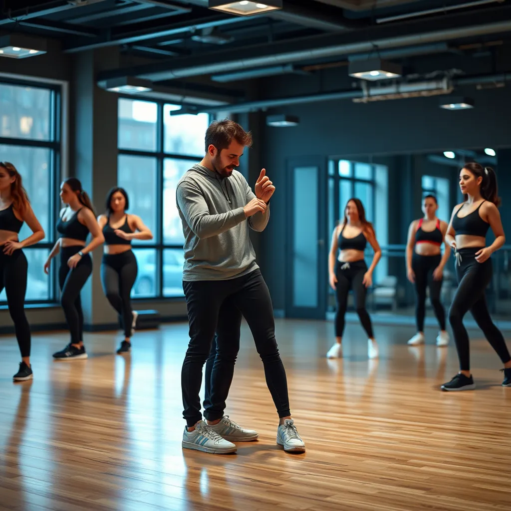  A group of people in a dance studio, with one instructor focusing on a student, providing individual instruction and guidance. The student is wearing stylish activewear, and the studio has a modern and urban feel.