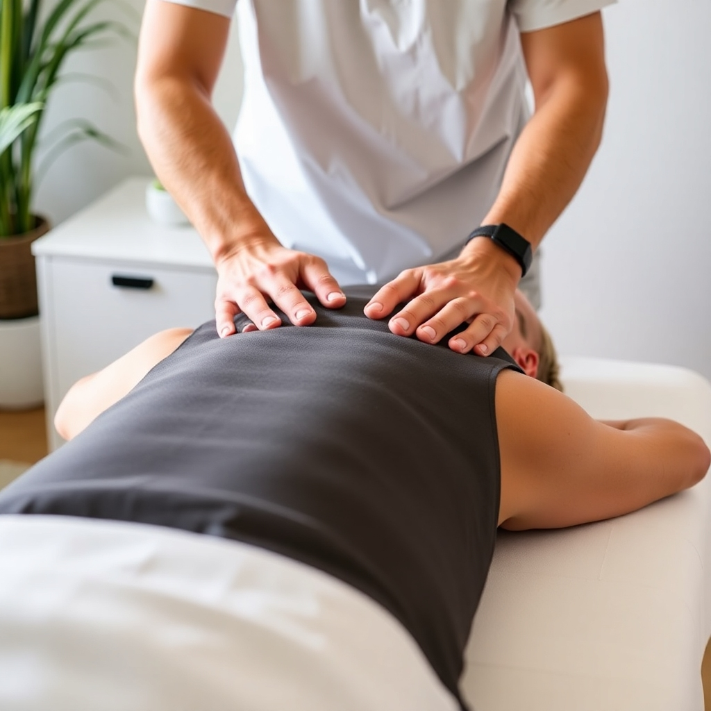 A photorealistic image depicting a person receiving a relaxing massage.  The scene should be calming and serene, perhaps in a spa setting with soft lighting. The massage therapist's hands should be visible, gently working on the patient's back. High resolution, detailed, soft lighting, focus on the hands and the calming atmosphere.