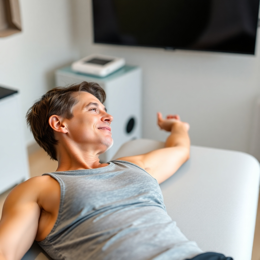A photorealistic image of a physical therapist assisting a patient with stretching exercises. The setting should be a bright, modern physical therapy clinic. The patient should appear comfortable and the therapist should display care and professionalism. High resolution, detailed, vibrant colors, sharp focus.