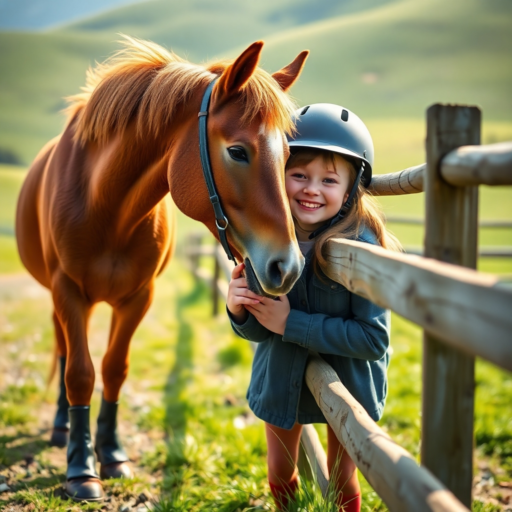A photorealistic image, 8K resolution, hyperrealistic detail.  Soft, diffused sunlight illuminates a picturesque paddock. A young girl with riding boots and helmet smiles warmly as she interacts with a chestnut pony, its coat gleaming. The pony is gently nuzzling her hand. The scene is idyllic, peaceful, and full of warmth.  The background features rolling green hills and a rustic wooden fence. The color palette is vibrant, featuring rich greens, browns, and the warm chestnut tones of the pony. Shot from a slightly low angle, emphasizing the connection between the girl and pony. The texture of the pony's coat, the girl's clothing, and the wooden fence is highly detailed.  In the style of  National Geographic photography.  Include blades of grass gently swaying in the breeze.  Focus is sharp on the girl and pony, with a shallow depth of field blurring the background slightly.  The overall mood is one of happiness, trust, and companionship.  Emphasis on capturing the natural light and subtle details.  Include a whimsical touch through slight bokeh effect in the background, adding softness and dreaminess.