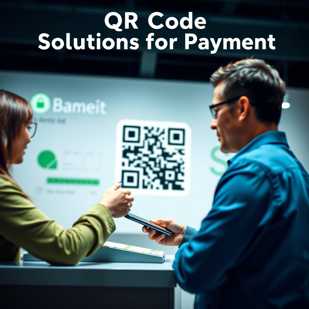 A photorealistic image demonstrating QR code solutions for payment. The scene features a customer scanning a QR code at a point-of-sale to make a payment. The background includes subtle banking and financial elements, symbolizing the secure transaction. The color palette is professional and trustworthy, using greens, blues, and grays to convey security and reliability. The lighting is bright and clean, emphasizing the user-friendly payment process. Angle: Medium shot capturing the customer, the QR code, and the point-of-sale.