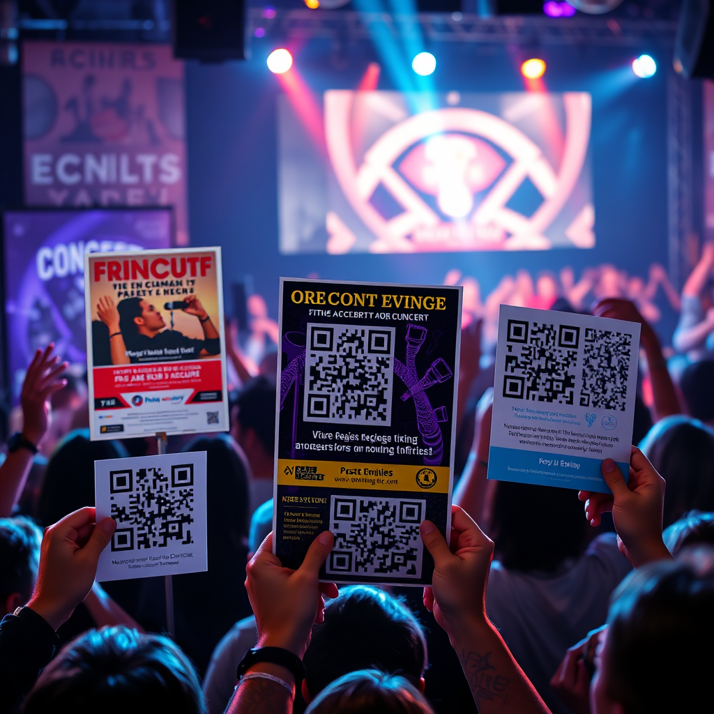 A photorealistic image demonstrating QR code solutions for event promotion. The scene features posters and flyers displayed at a concert venue, each with a QR code that links to event registration and information. The background includes event branding, musical instruments, and excited attendees, symbolizing the promotional effectiveness of QR codes. The color palette uses vibrant and energetic colors to convey excitement and engagement. The lighting is dynamic and theatrical, emphasizing the buzz of the event. Angle: Medium shot capturing the concert venue and the QR code promotions.