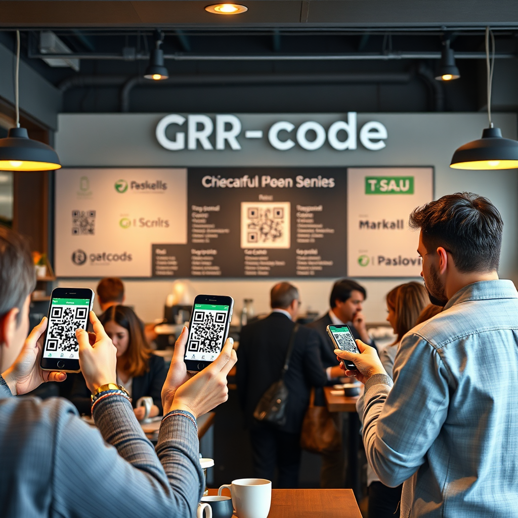 A photorealistic image demonstrating QR code solutions for business. The scene features a busy cafe where customers are scanning QR codes to access the menu, place orders, and make payments. The background includes subtle branding elements and business logos, symbolizing the effective integration of QR codes into business operations. The color palette is professional and modern, using greens, blues, and grays to convey efficiency and reliability. The lighting is warm and inviting, emphasizing the user-friendly experience. Angle: Medium shot capturing the cafe environment and customer interactions.