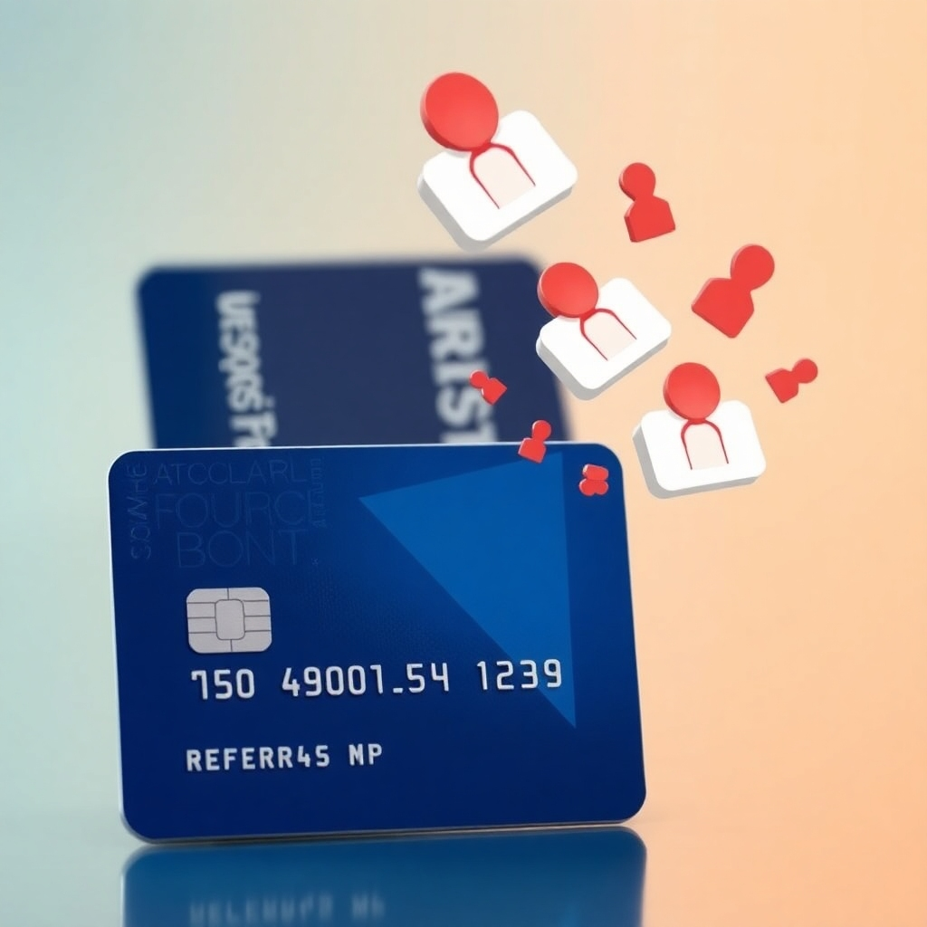 A photorealistic image depicting a credit card with a secured deposit, alongside a stylized representation of referrals flowing in. This should convey the concept of securing a deposit through successful referrals.
