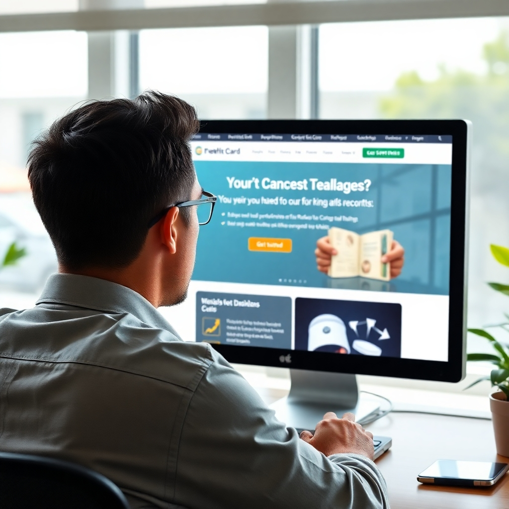 A photorealistic image depicting an individual looking at a computer screen, showing the Credit Card Holders LLC website. The website should showcase the program's key benefits and features, encouraging them to get started.