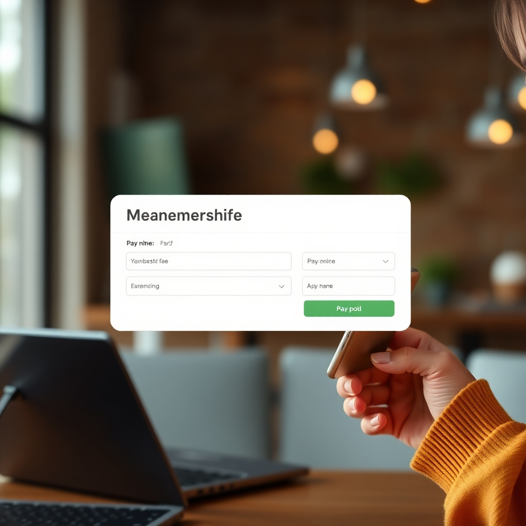 A photorealistic image depicting a person happily paying the membership fee online or through a secure mobile payment system. The interface should be user-friendly and reassuring.