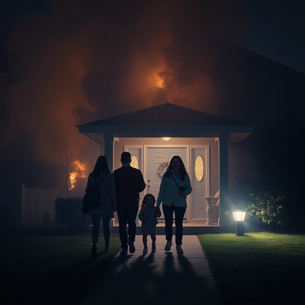 A photorealistic image depicting a family of four calmly evacuating a home at night.  The house is subtly engulfed in smoke, and the family is making their way out of the house according to a clear escape route. The family should appear composed and are moving towards a pre-determined meeting point, emphasizing preparedness and a practiced escape plan.  Focus on the emotional aspect of preparedness and safety rather than fear.