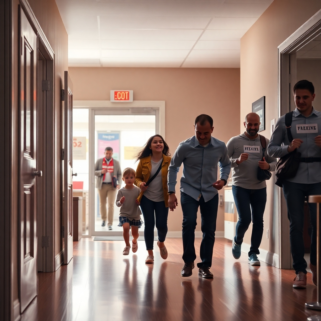 A photorealistic image depicting a family calmly and quickly evacuating their home through an established escape route during a simulated fire drill. In the background, a business is shown with employees participating in a fire drill evacuation, following clear signage and marshal instructions. The image should portray a sense of preparedness and order.