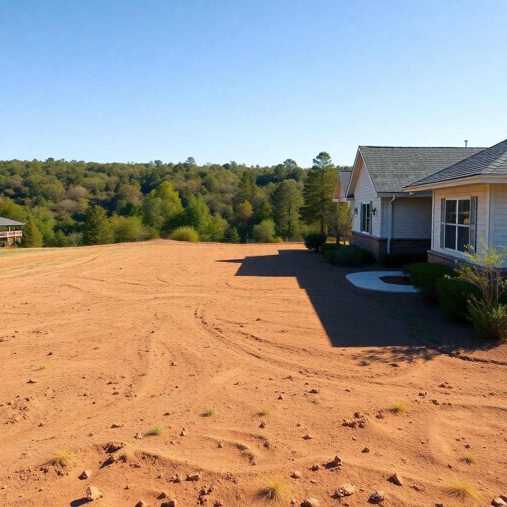 A photorealistic image depicting a wide, cleared area around a house, showcasing 100ft of defensible space with neatly trimmed vegetation and bare earth visible. The house is a typical suburban home, positioned on the right side of the frame. The background shows a natural landscape with distant trees, emphasizing the contrast between the cleared area and the wilderness. The lighting should mimic a sunny afternoon.
