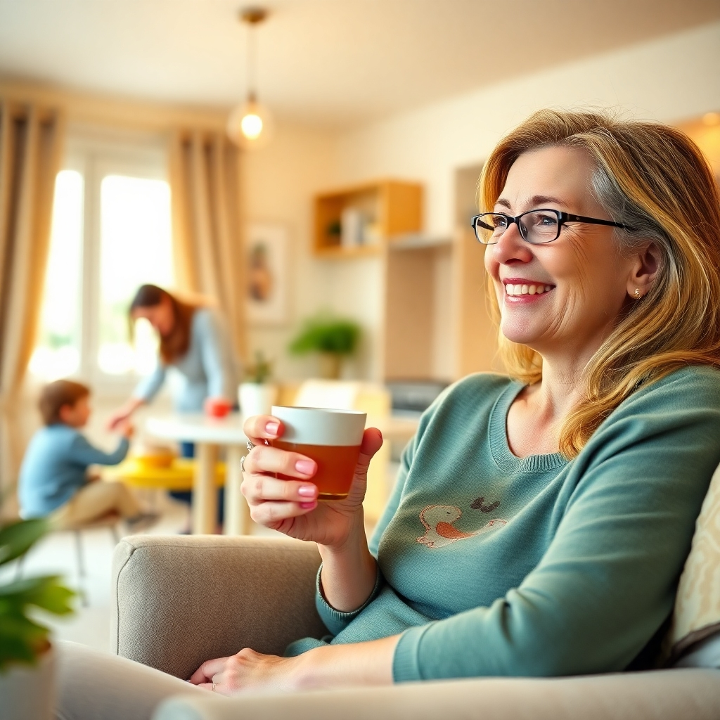 A photorealistic image depicting a happy, relaxed mother enjoying a cup of tea while a nanny plays gently with her child in the background, and a clean, tidy home is visible in the background.  Warm lighting, showcasing a balanced lifestyle with both self-care and family time. High resolution and lifelike details.
