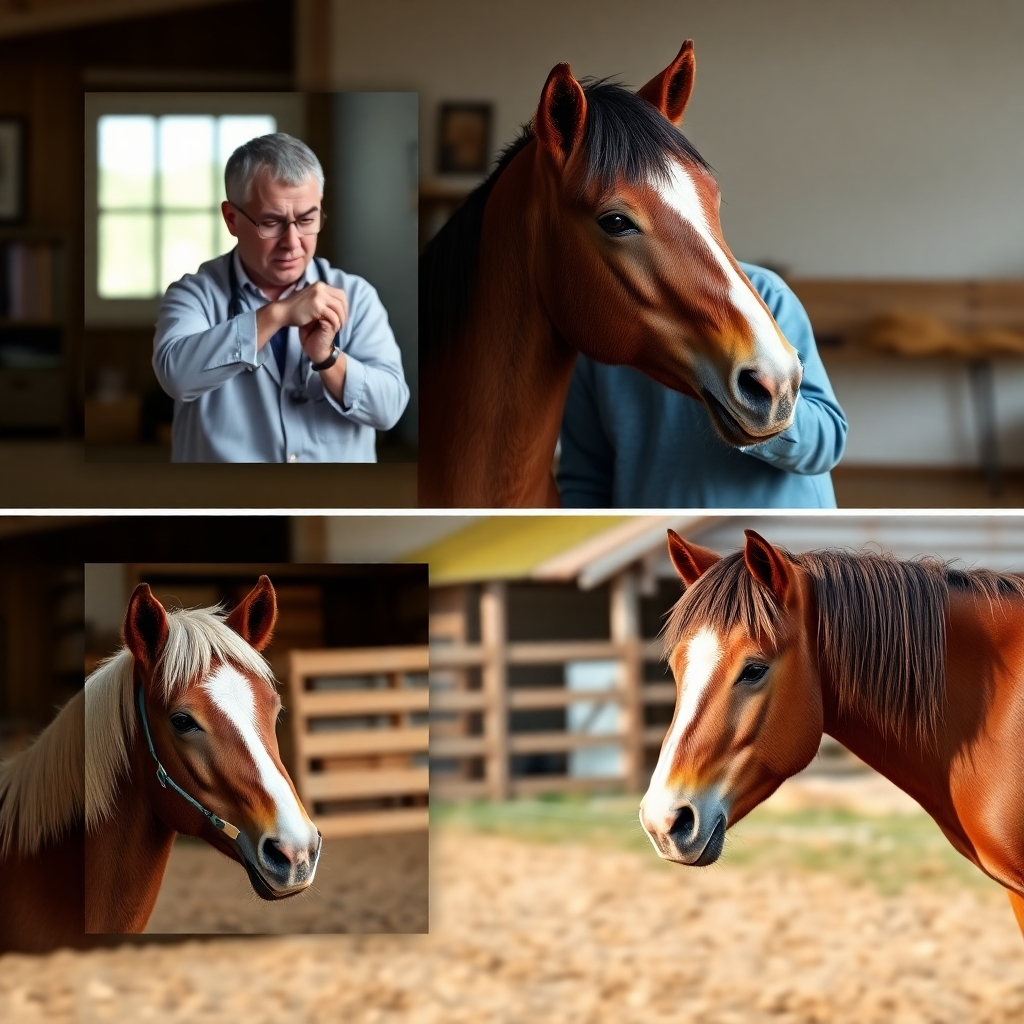 A photorealistic image depicting a step-by-step process of a pony rehoming. Panel 1: A vet checking the pony's health. Panel 2: A potential adopter interacting with a pony. Panel 3: The pony happily settling into its new home.  Each panel should be clear and informative, visually conveying the care involved in the rehoming process.