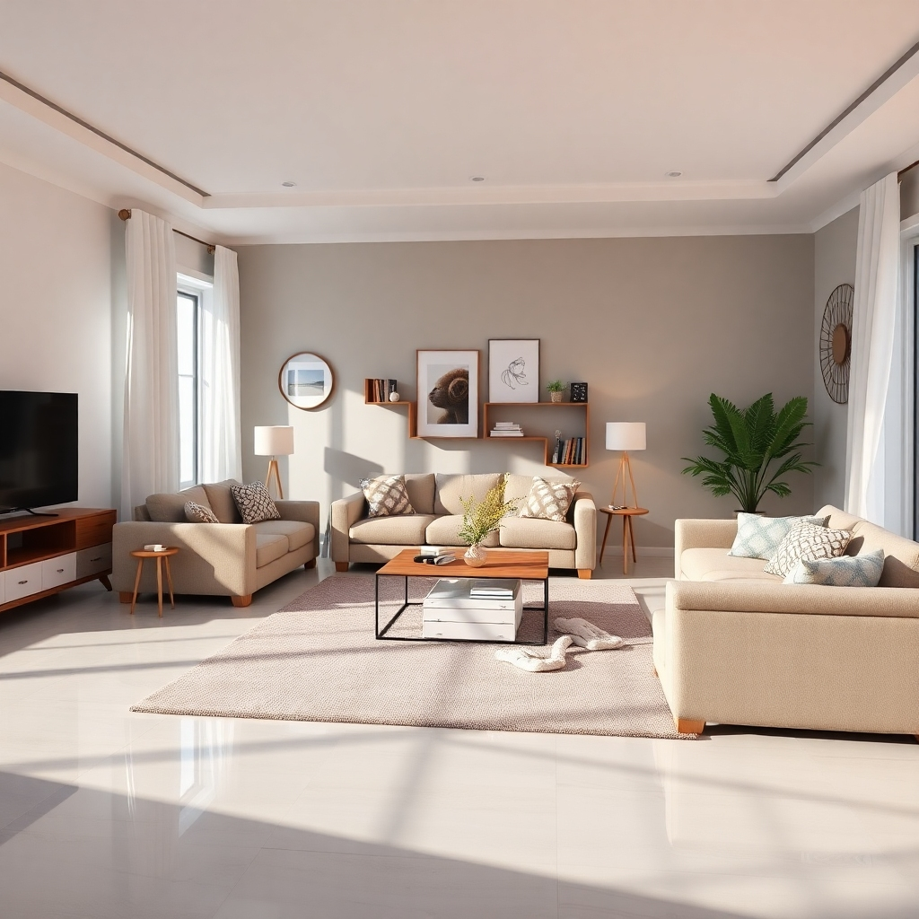 A photorealistic image depicting a clean and organized living room, showcasing the results of professional housekeeping services. Details such as neatly arranged furniture, spotless floors, and natural light should be evident. The overall mood should be serene and relaxing, emphasizing a calm and organized home atmosphere. High resolution and vibrant colors are crucial.