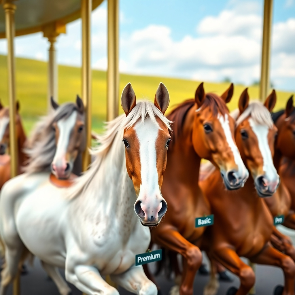 A photorealistic image depicting a carousel of various ponies, each with a small digital tag indicating a different membership plan (Basic, Premium, Pro). The background should be a lush green pasture, with a bright and sunny sky. Focus should be on happy, healthy ponies.